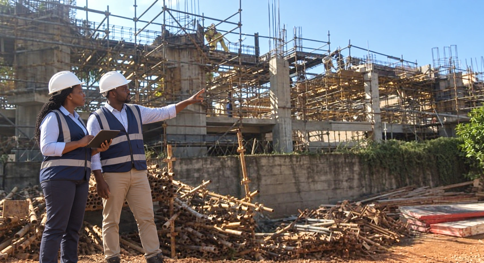 Synthetic Zimbabwean engineers reviewing a real structure